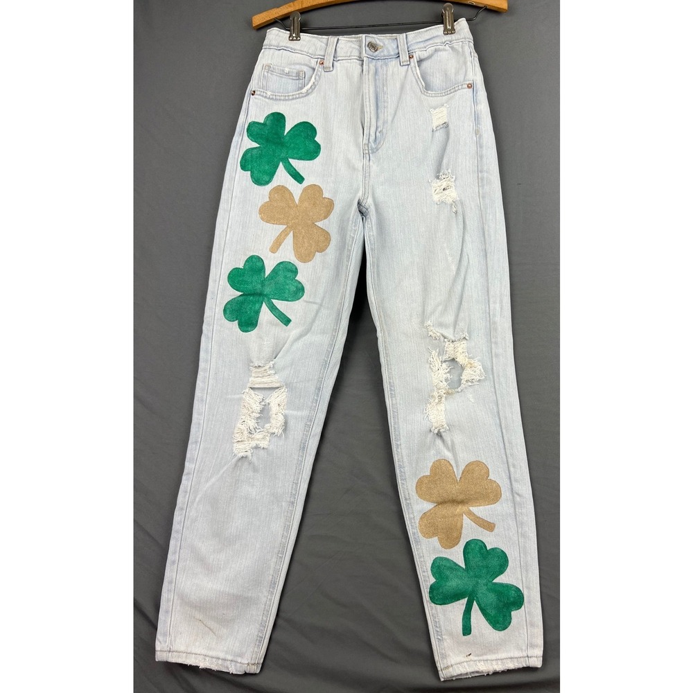 Wild Fable Jeans Womens 2 Mom High Rise Light Wash Painted Shamrock Green Good